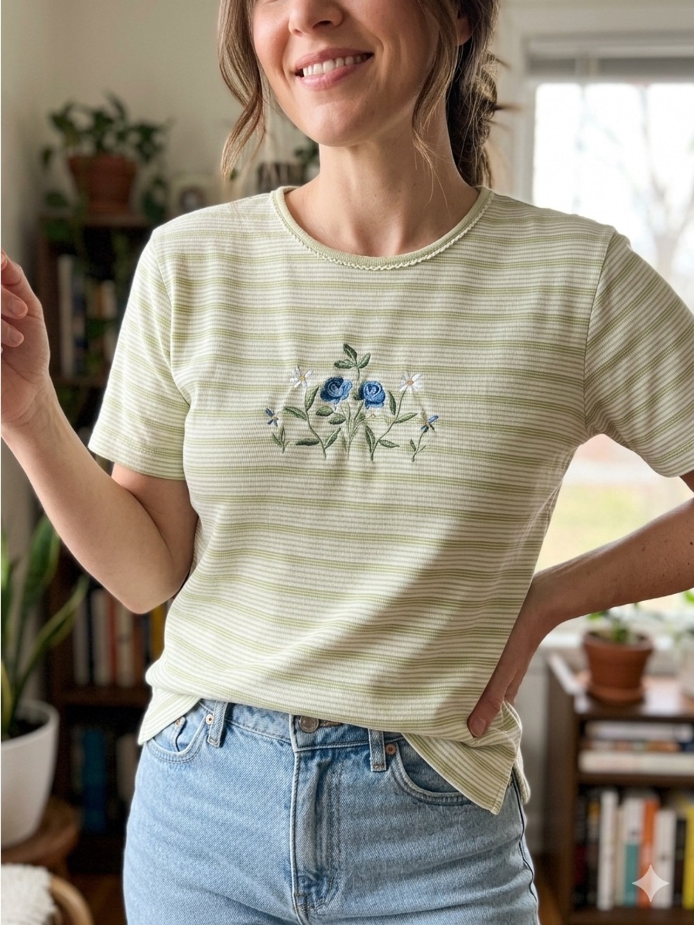Studio Works Green Striped Tee with Blue Floral Embroidery